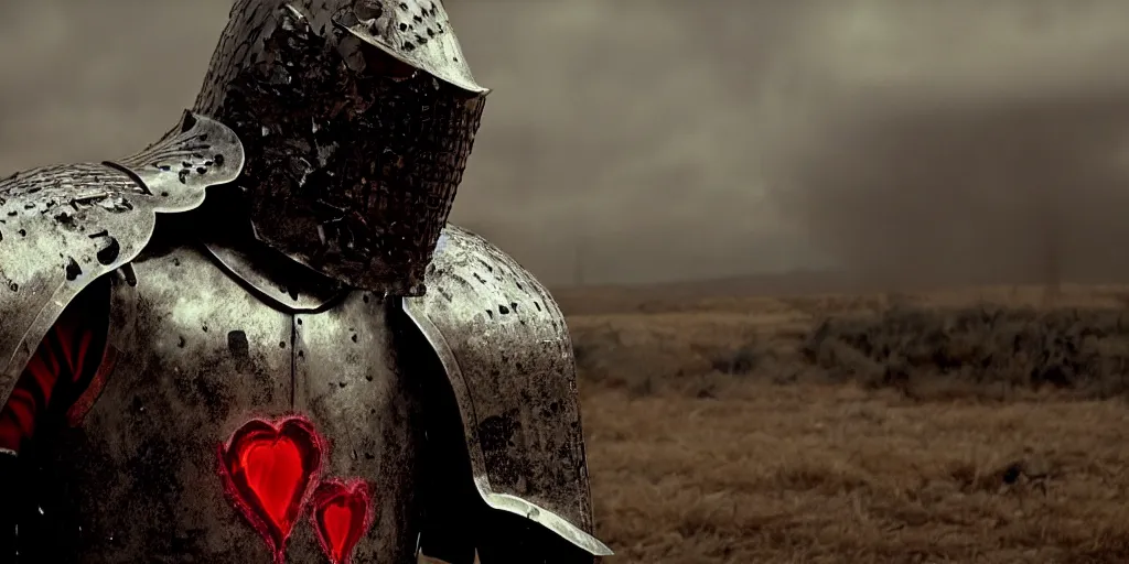 Image similar to film still of closeup the knight in shattered armor holds a bleeding heart by emmanuel lubezki