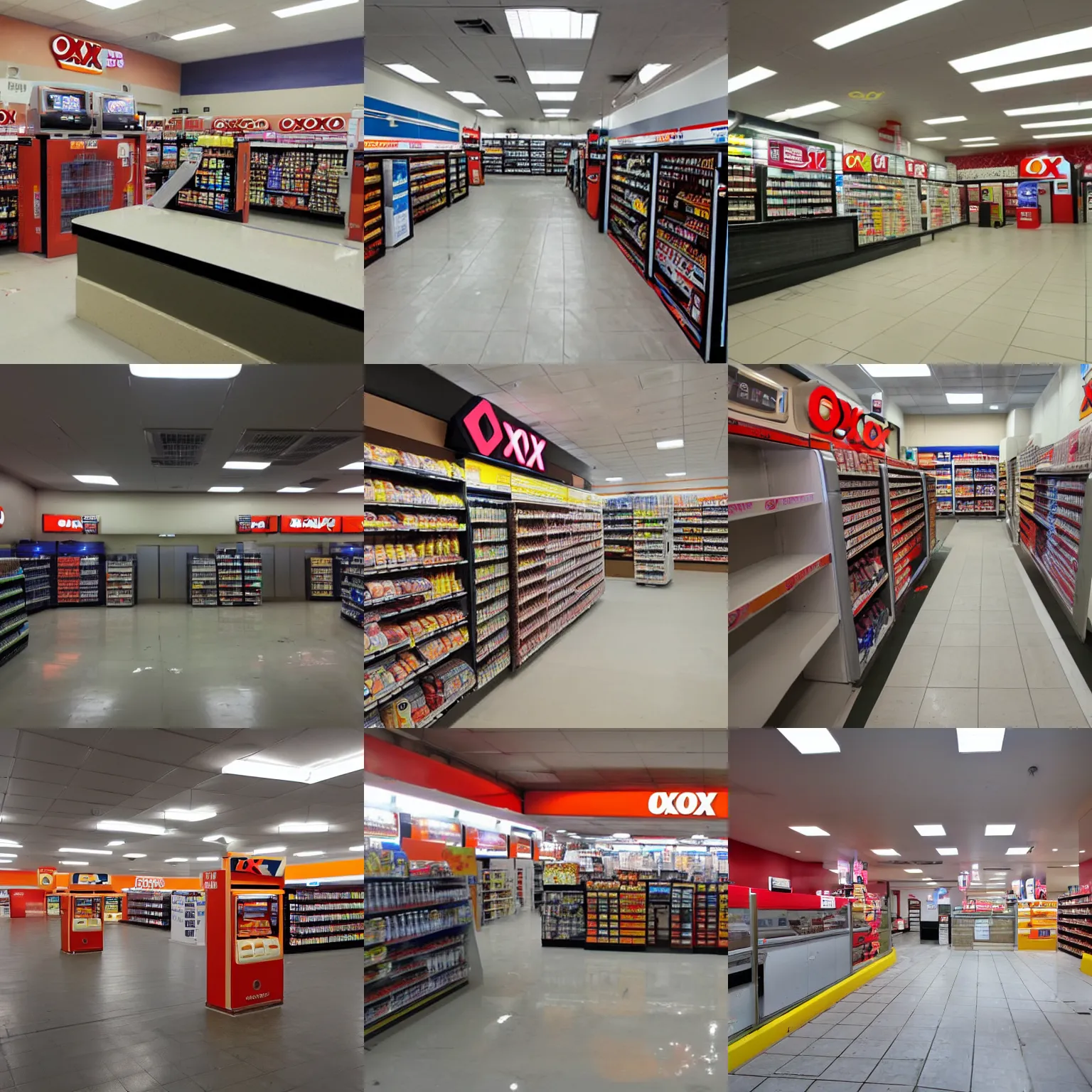 Prompt: oxxo convenience store as a backroom level, abandoned, empty atmosphere