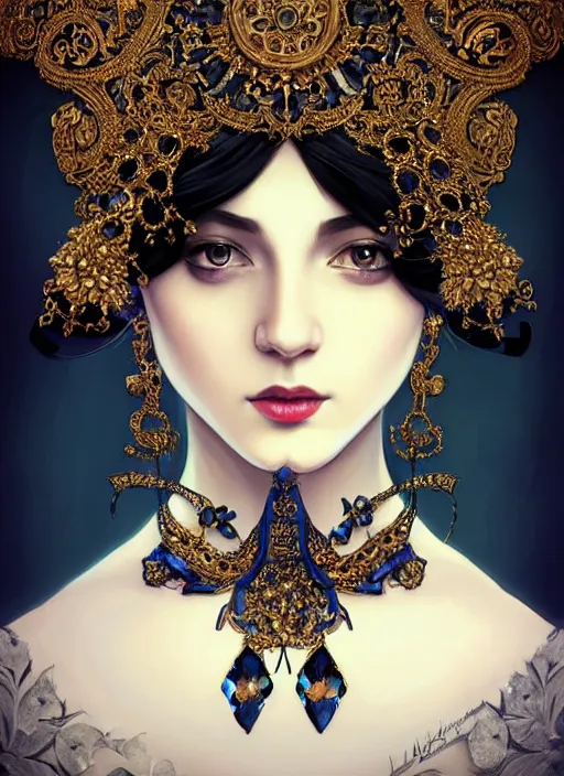 Image similar to beautiful black blue bling bling, complicated jewelry and bling bling flowers in victorian style headwears, dark fantasy, intricate, elegant, highly detailed, digital painting, artstation, highly saturated colors, concept art, matte, 3 d 8 k octane rendered, sharp focus, illustration, octane rendered, art by artgerm and alphonse mucha, leesha hannigan