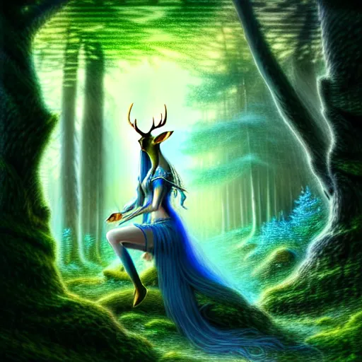 Image similar to beautiful hyper realistic elven, celestial highly detailed magic stag, in a beautiful highly detailed forest background. blue light. sunlight rays throught the trees. intricate, elegant, fantasy art, concept art 8 k rendering.