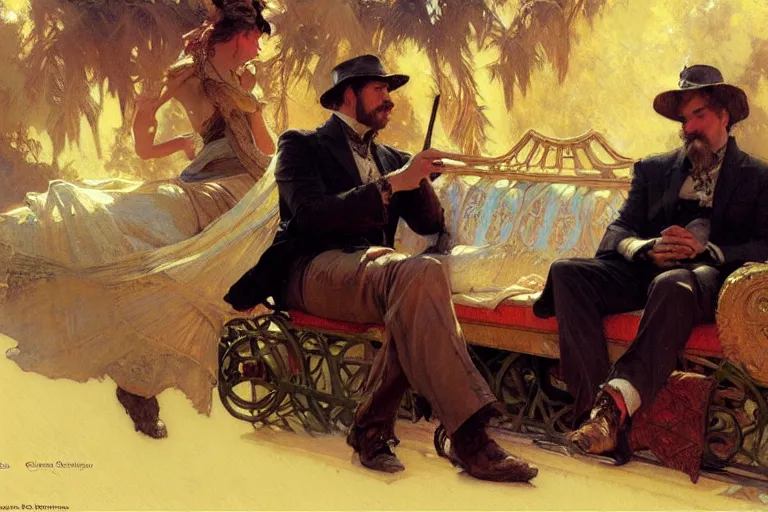 Image similar to 2 attractive men sitting on a coach, painting by gaston bussiere, craig mullins, greg rutkowski, alphonse mucha