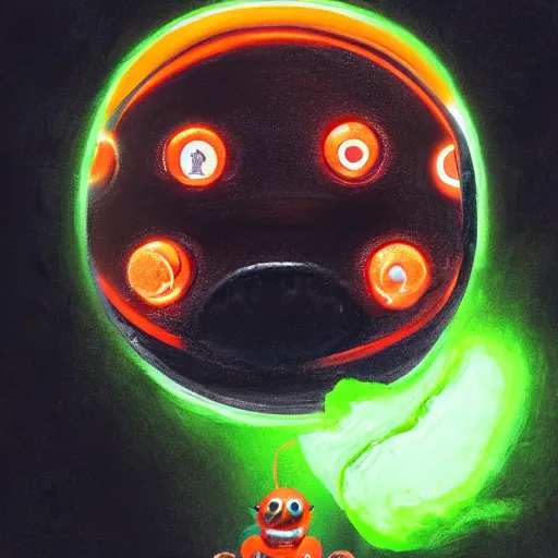 Image similar to a tennis ball monster starring into the camera, fixed eyes, flowing black coat with glowing neon orange trim, inside a museum, colorful, surreal, dramatic lighting, face, detailed, intricate, elegant, highly detailed, digital painting, artstation, concept art, smooth, sharp focus, illustration, art by sam spratt, dan mumford, artem demura and alphonse mucha