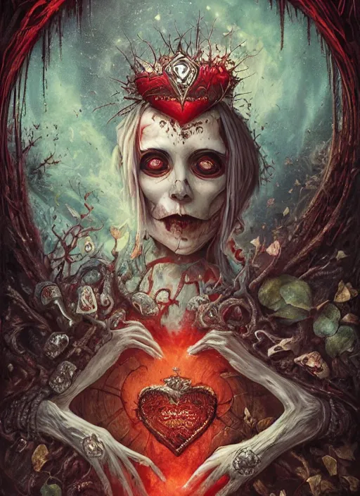 Prompt: the king of hearts, death tarot card, highly detailed, cinematic, 8 k, by megan duncanson, benjamin lacombe, adrian borda, stanley artgermm, tom bagshaw, craig mullins, carne griffiths, ayami kojima, beksinski, giger, trending on deviantart, hyper detailed, horror, full of colour