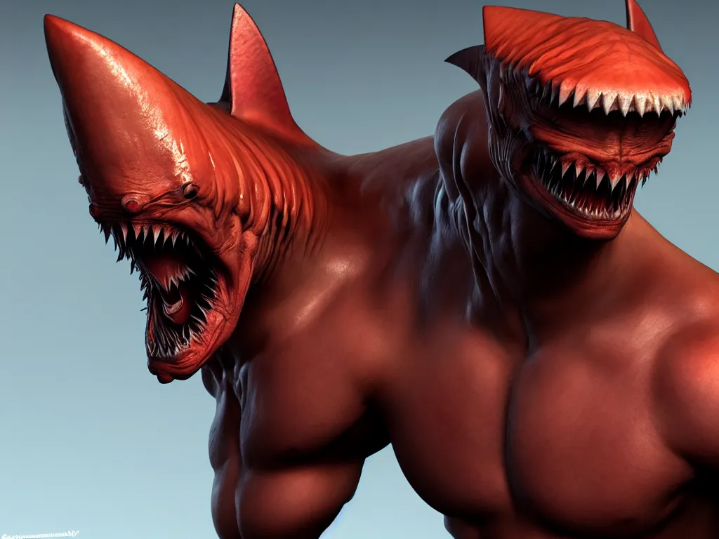 Prompt: game concept art, muscular, shrimp head, chiroptera ears, shark teeth, hyperrealism, artstation, cgsociety, zbrush, no background