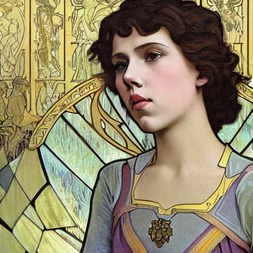 Image similar to realistic detailed face portrait of 14-year old Scarlett Johansson as Joan of Arc with a bob hairstyle wearing iridescent armor by Alphonse Mucha and Moebius, art nouveau