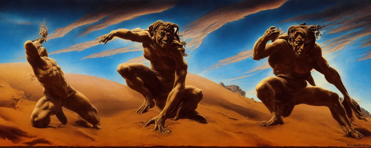 Image similar to solitude of laborious hunchback Sand Deity, under surreal catastrophic sky, in the style of Frank Frazetta, Jeff Easley, Caravaggio, extremely clear and coherent, clear lines, 8K resolution