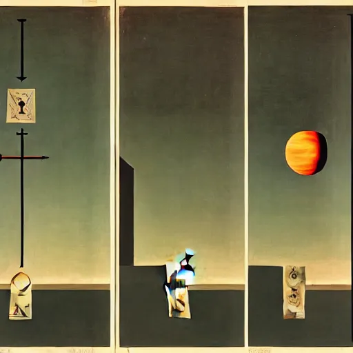 Image similar to a parade of disconnected images : obscure corners of nameless interiors, astronomical diagrams projecting the distances between celestial bodies, a painting by giorgio de chirico, a list of unpopular anagrams.