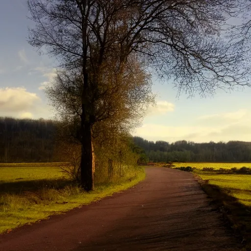 Image similar to Beautiful cameraphone, soft liminal Photograph of an estate road, early morning, small flat lake in the background