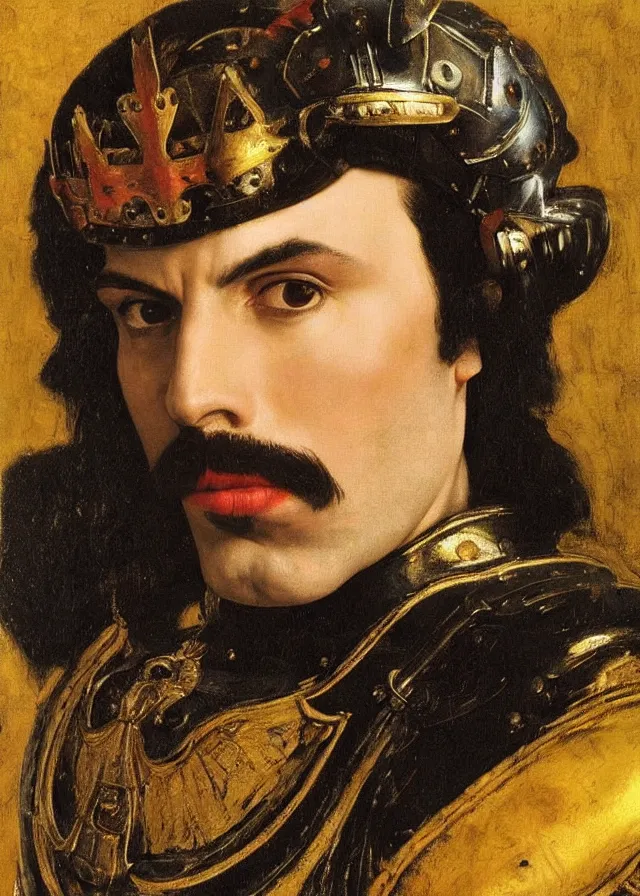 Prompt: a portrait of a Freddie Mercury , with an armor and a crown,full body shot, oil painting in a renaissance style ,Rembrandt lighting scheme ,light dark, dark background , epic, very detailed, painted by Artemia Gentileschi , Caravaggio, Titian, Rembrandt.
