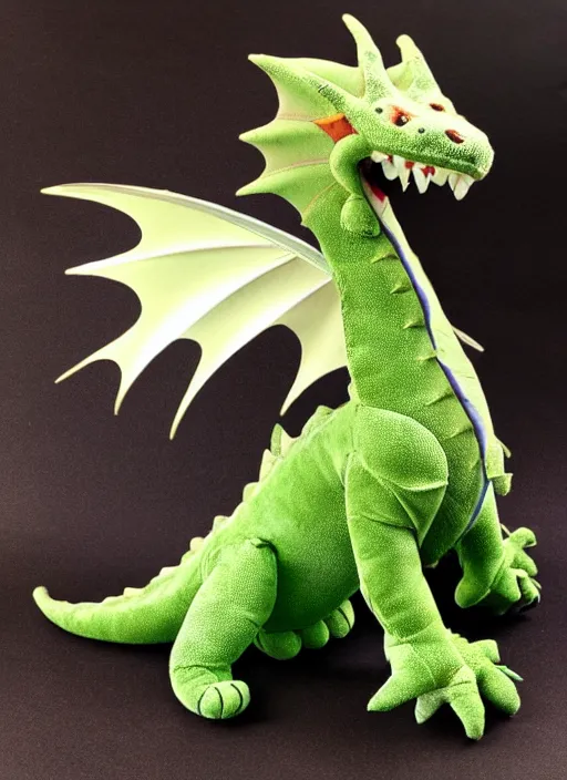 Image similar to a dragon plush. beautifully made, detailed, cute, soft. high quality, studio lighting, product image