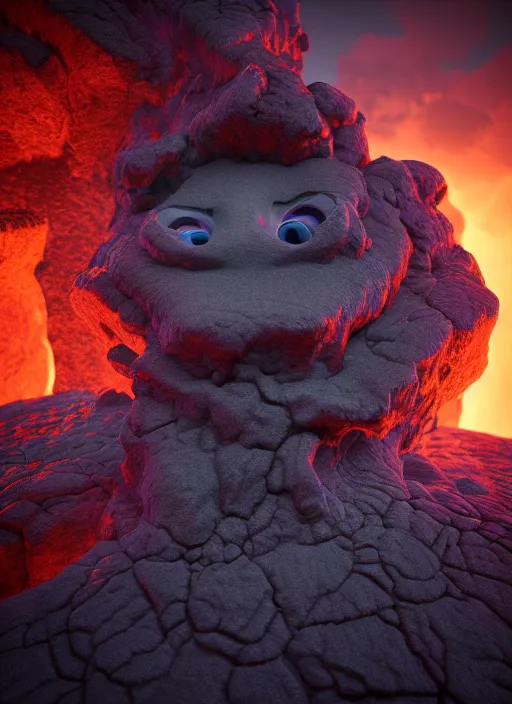 Prompt: a highly detailed crisp unreal engine render of a clow head ripped through lava flower and a rainbow sky, ling xiang, Etienne Hebinger, Ilya Nazarov, Marcus Whinney, artstation 3D render