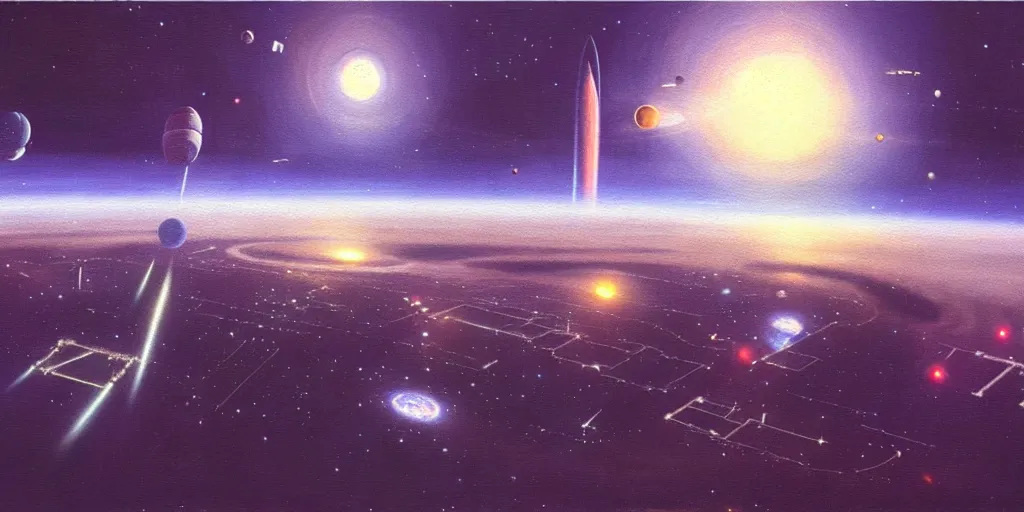 Image similar to a painting of low earth orbit space city by john harris. 8 k, ultra clear detailed.