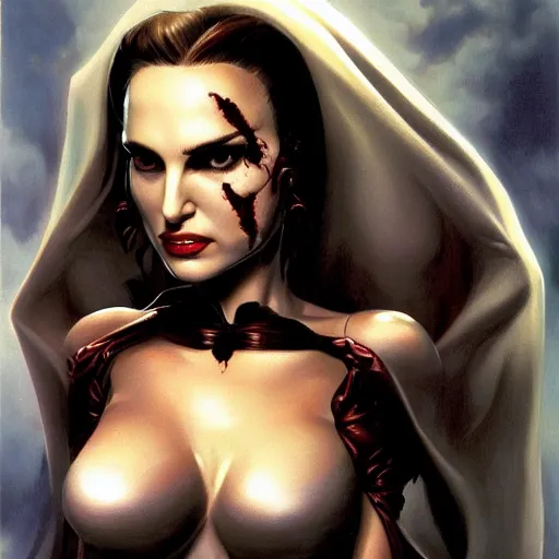 Image similar to Natalie Portman as a vampire sorceress, Joe Jusko, Frank Frazetta, artstation, 8k photography