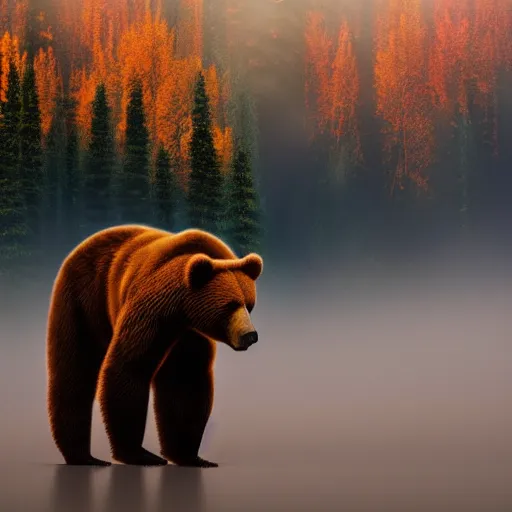 Prompt: a photo of bob ross riding on the back of brown bear in alaska at fall season, outdoor lighting, realistic, photo, national geographic photo, volumetric, fog