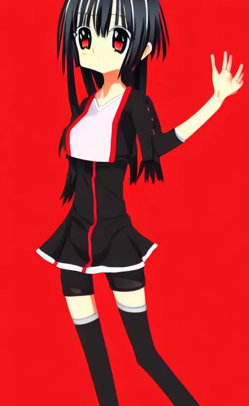 Prompt: anime girl with a detailed face and black hair in a red outfit placed in bottom half of illustration, full body, trending, illustration