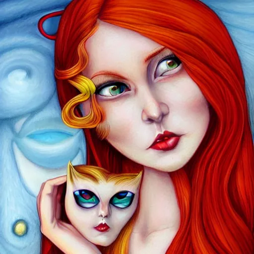 Prompt: Portrait of a beautiful Woman with red hair, yellow eyes by Tim Shumate by Chris Mars