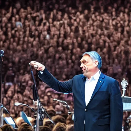 Prompt: viktor orban giving his last concert, concert photography