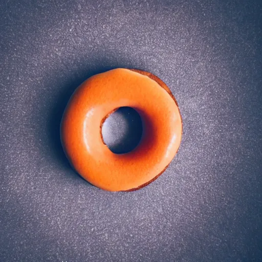 Image similar to Perfectly circular donut!!!!! in the style and shape of an orange!!!!!!, blended colors!!!!!, trending on artstation, 4k, 8k, professional photography, overhead shot, 35mm lens