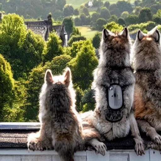 Image similar to wolf monsters sitting on the roof of a house in britain watching a pair of children walk down the road