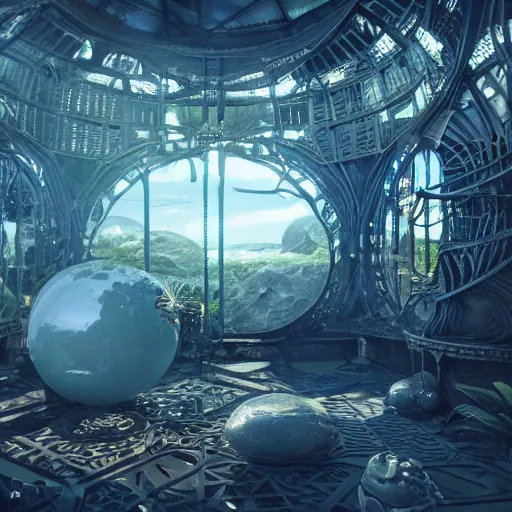 Image similar to magnificent fantasy terrarium, hyper realistic, global illumination, 8 k octane beautifully detailed render, post - processing, intricate futuristic mechanic parts, maya, blender, cinematic lighting + masterpiece, trending on artstation,