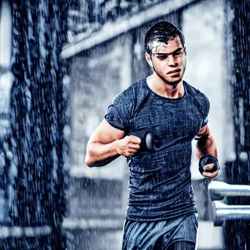 Image similar to a handsome young man working out in the rain, cyborg, photo,