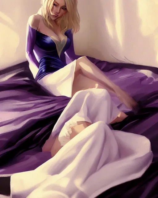 Prompt: gwen stacy wearing a satin nightgown, laying in bed, attractive, casual, digital painting, artstation, concept art, smooth, sharp focus, illustration, art by artgerm and greg rutkowski and sakimichan