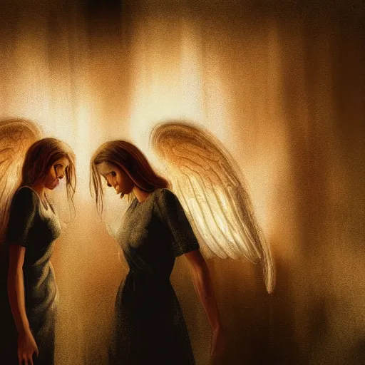 Prompt: a digital painting of angels looking at the camera in a dark, trashed and depressing room. dramatic lighting.