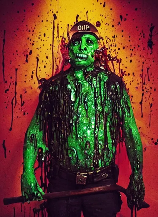 Prompt: disturbing portrait of a rotting policeman with a melting face covered in ooze and slime, police costume, holding a billy club, full body portrait, cop, officer, police, dripping in colorful ooze, horror practical fx by david cronenberg and sam raimi