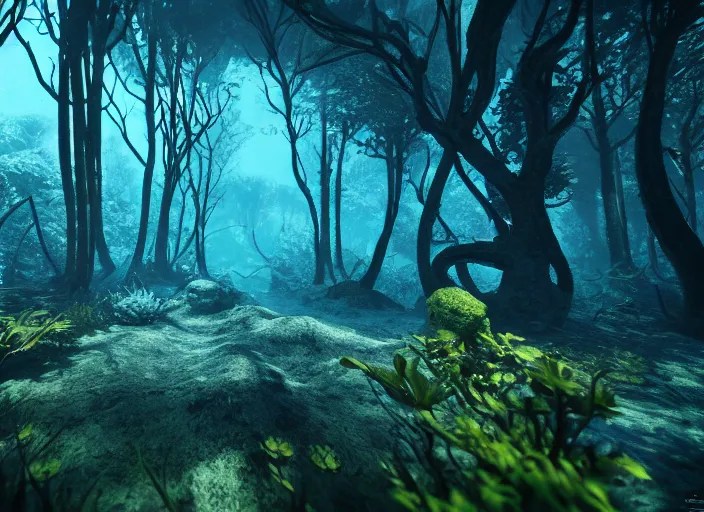 Prompt: underwater forrest. Intricate. Very detailed 8k. Fantasy horror. Sharp. Cinematic post-processing. Unreal engine. Nanite. Ray tracing. Parallax. Tessellation