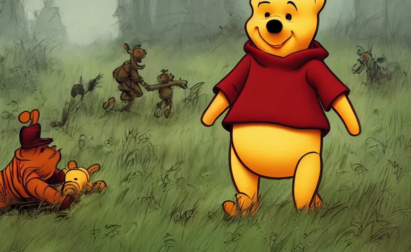 Prompt: winnie the pooh as zombie during d - day, hyperdetailed, artstation, cgsociety, 8 k