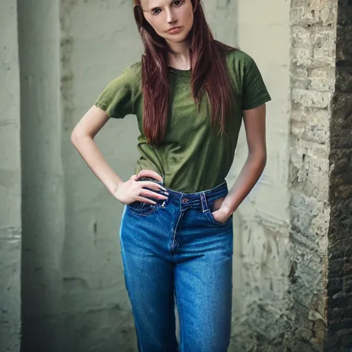 Prompt: portrait of an 20-something Canadian dressed in, light brown hair, green eyes, vintage tshirt and jeans, pony tail, girl next door innocent look, elegant pose, masterpiece