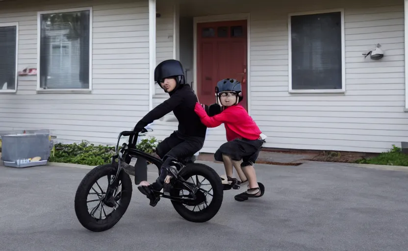 Image similar to Darth riding his child sized bike in front of his home, 8k