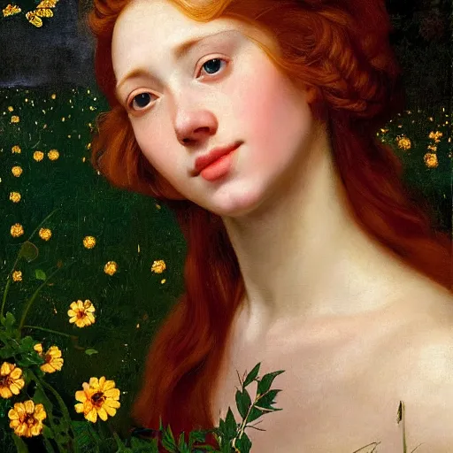 Image similar to portrait of a happy young woman, among the lights of golden fireflies and nature, long loose red hair, intricate details, green eyes, hint of freckles, round gentle face, gorgeous dress, deep focus, smooth, sharp, golden ratio, hyper realistic digital art by artemisia lomi gentileschi and caravaggio and artgerm