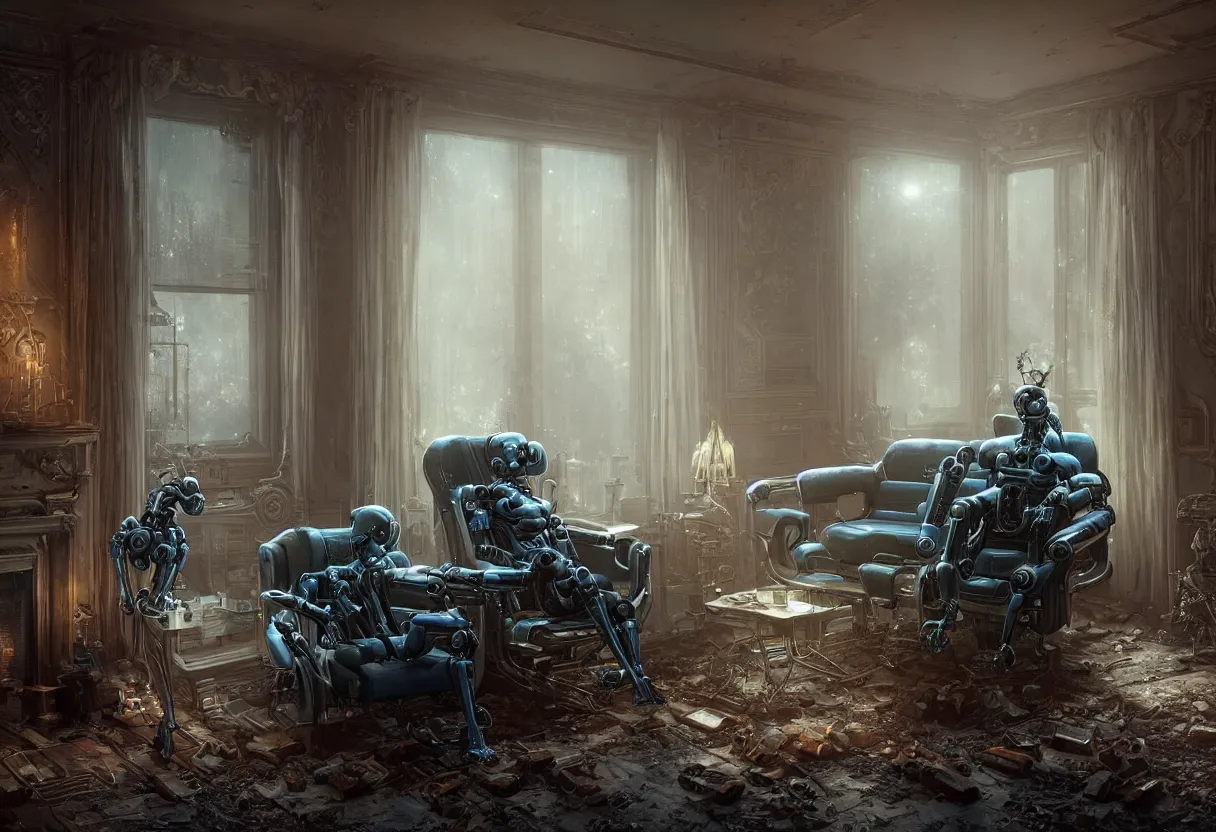 Prompt: An award-winning highly detailed 8k anamorphic closeup cinematic movie photograph of one futuristic cybertronic robot seated on a fainting couch in front of a roaring fireplace in a post-apocalyptic Victorian home, cold blue early morning light from the window, with cinematic lighting and lens flare, tall ceiling, by Simon Stalenhag and Sylvian Boussiron and Gregory Crewdson and Alfonso Cuaron