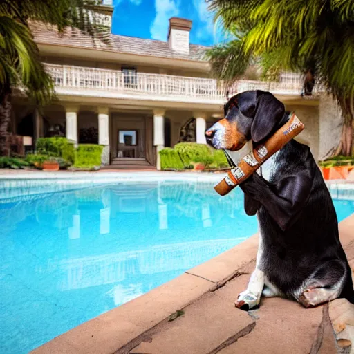 Image similar to a very detailed photo of a dog ( smoking a cigar ) outside the mansion by the pool