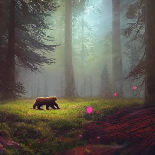 Image similar to a realistic bear, beautiful, proportionate, atmosphere, vibe, forest, lot of trees, fern, flowers, concept art illustration, color page, tone mapping, akihiko yoshida, james jean, andrei riabovitchev, marc simonetti, digital illustration, greg rutowski, volumetric lighting, sunbeams, particles