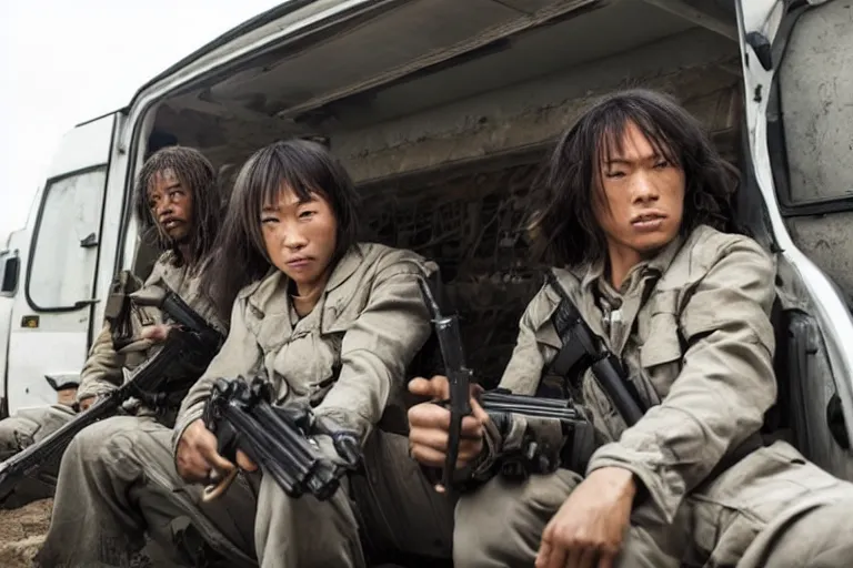 Image similar to movie diverse interracial team of Japanese robbers armed with rifles interior clean futuristic tactical van, beautiful skin, Symmetrical faces. natural lighting by Emmanuel Lubezki