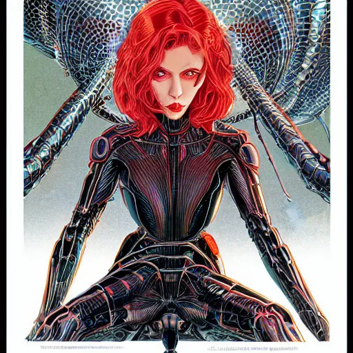 Image similar to portrait closeup of black widow spider, symmetrical, cinematic colors, by yoichi hatakenaka, masamune shirow, josan gonzales and dan mumford, ayami kojima, takato yamamoto, barclay shaw, karol bak, yukito kishiro