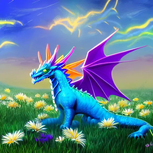 Image similar to rainbow dragon sits on a large pile of gold and gems in a field of daisies, blue clear sky, neon color, highly detailed, digital painting, artstation, concept art, matte, sharp focus, impressionnisme