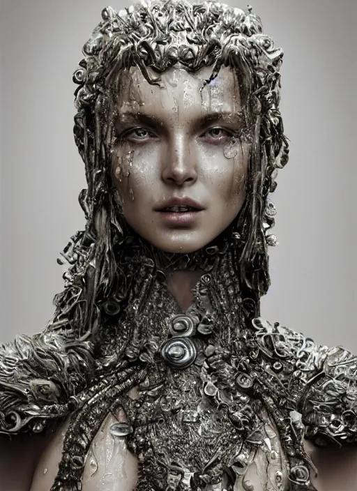 Image similar to sculpture made of water, portrait, female, future, shaman, harper's bazaar, vogue, magazine, insanely detailed and intricate, concept art, close up, wet, ornate, luxury, elite, elegant, trending on artstation, by ruan jia, by Kenneth Willardt, by ross tran, by WLOP, by Andrei Riabovitchev,