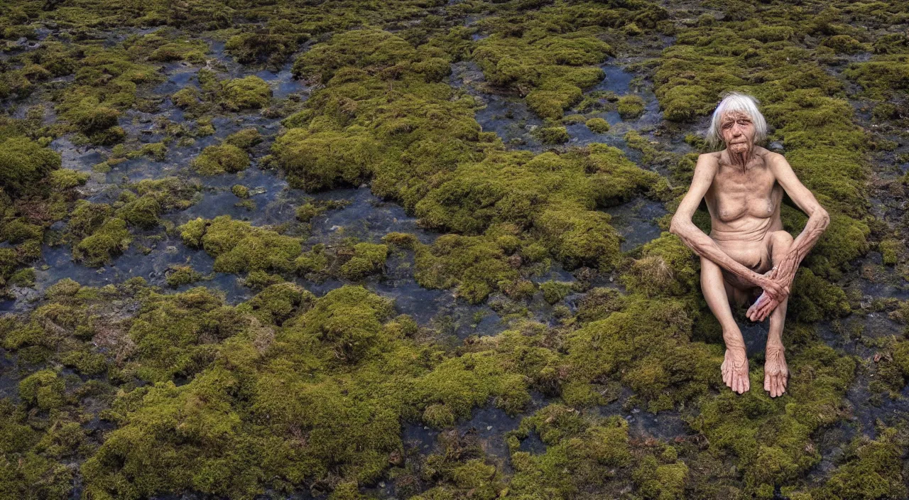 Prompt: 65-year-old moss-covered Gaia Titan crying one emotionless tear, facing the camera and sitting on a dried up river in a desolate land, blue sky, hot and sunny, highly-detailed, elegant, dramatic lighting, artstation, 4k, cinematic landscape, photograph by Elizabeth Gadd