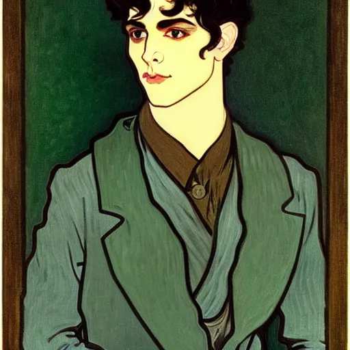 Prompt: painting of handsome beautiful dark haired man in his 2 0 s named shadow taehyung at the cucumber soup party, elegant, clear, painting, stylized, delicate, soft facial features, art, party scene, paris, art by alphonse mucha, vincent van gogh, egon schiele