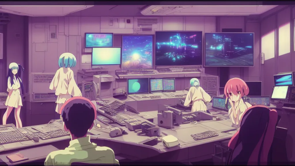 Prompt: highly detailed anime girls in ufo control room, in the style of spirited away, vibrant colours, hyperrealism, dynamic lighting, art by satoshi kon and studio ghibli, lush detail, award winning, pixiv fanbox, trending on artstation, by otto dix and greg rutkowski and beeple, 4 k