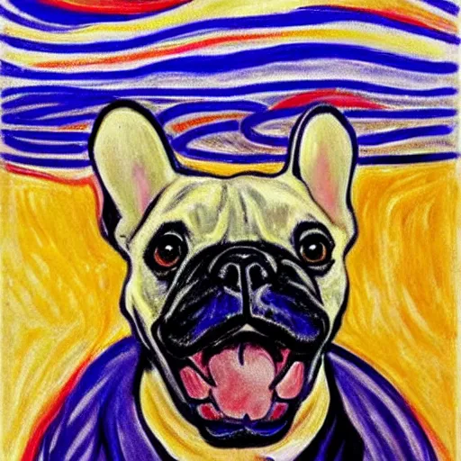 Prompt: french bulldog as the scream by edvard munch