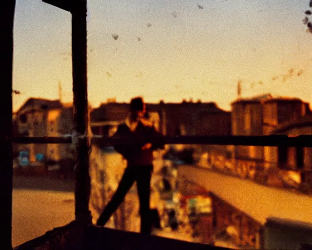 Image similar to lomo photo of pair standing on small hrushevka balcony full with cigarette smoke in small russian town looking at sunset, cinestill, bokeh