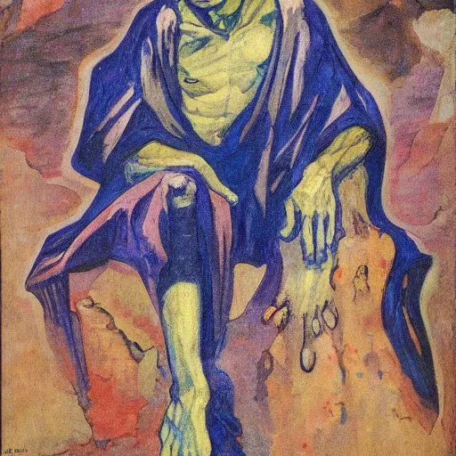 Image similar to comics sandmanin a cloak by Neil Gaiman, in style The Demon Seated, by Mikhail Vrubel, oil painting, art gallery, art museum, small details, whole-length