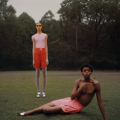 Prompt: realistic photoshooting for a new nike lookbook, color film photography, portrait of a beautiful woman, by photo in style of Tyler Mitchell, wes anderson, Julia Hetta, Tim Walker, Petra Collins, 35mm,