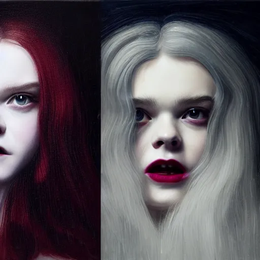 Prompt: Elle Fanning as a vampire with fangs with a white dog in the style of Paola Vetri, head and shoulders portrait, stormy weather, extremely detailed masterpiece, oil on canvas, low-key neon lighting, artstation, Blade Runner 2049, Roger Deakin’s cinematography, by J. C. Leyendecker and Peter Paul Rubens and Edward Hopper and Michael Sowa,