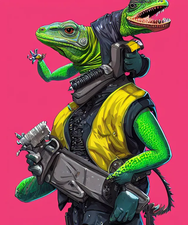 Image similar to a portrait of an anthropomorphic iguana holding a chainsaw, cyberpunk!, fantasy, elegant, digital painting, artstation, concept art, matte, sharp focus, illustration, art by josan gonzalez