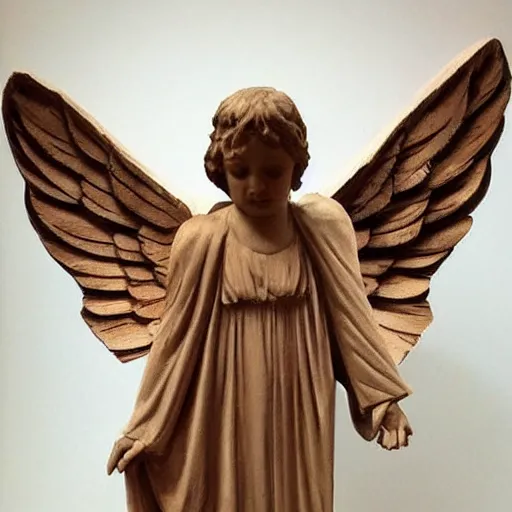 Image similar to Beautiful angel with spread wings and flowing robes, carved in wood, trending on Pinterest